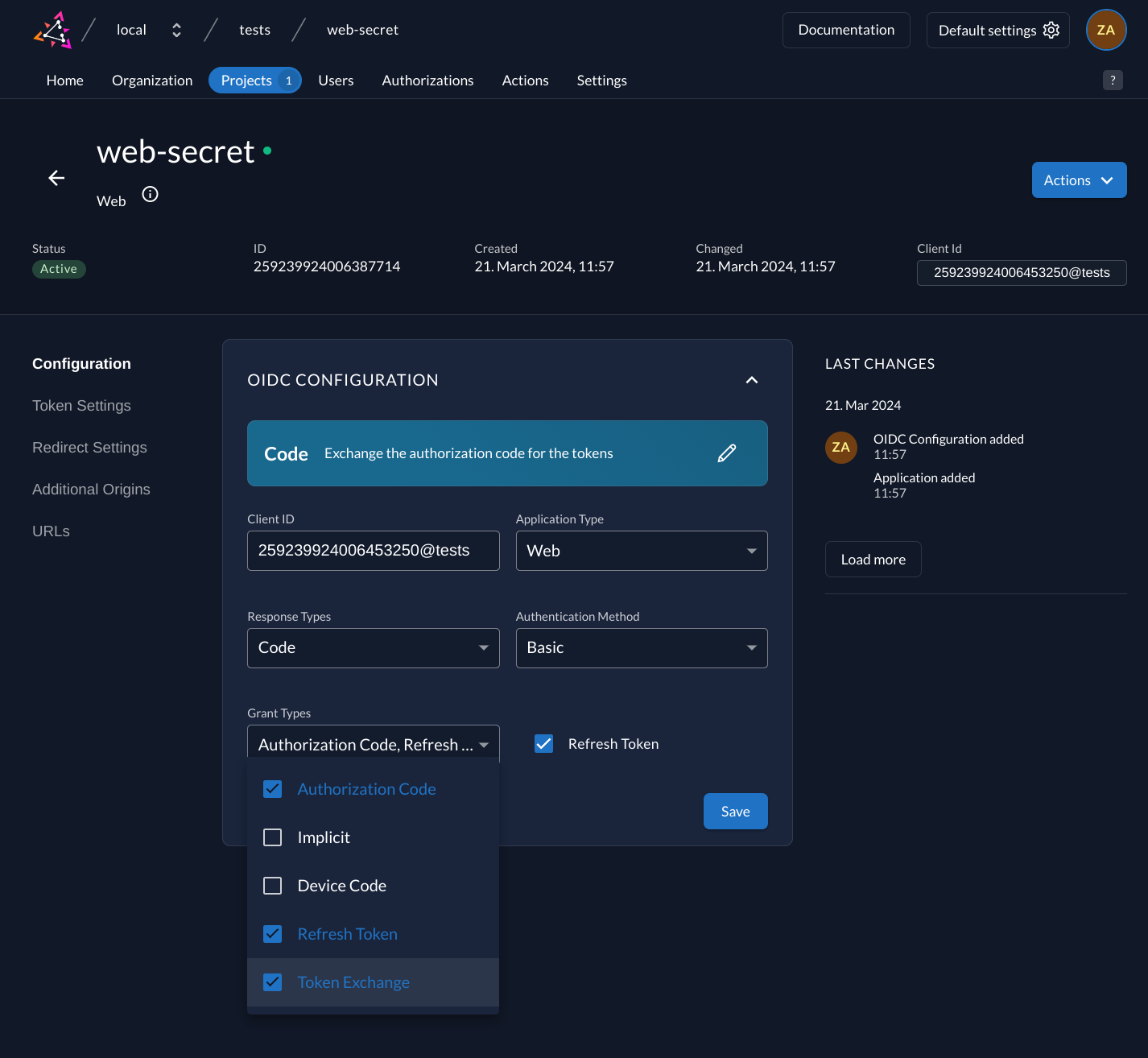 Screenshot showing enabling of Token Exchange grant on a ZITADEL application